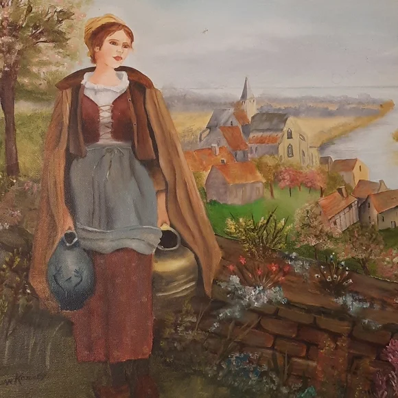 Beautiful folk Art Dutch girl, village ,flowersunframed